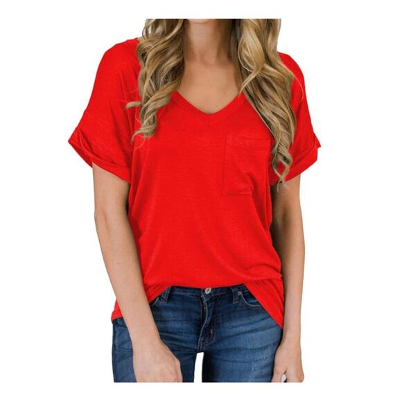 Miholl Women’s Short Sleeve Red V Neck T-Shirt size Large NWT - Picture 1 of 7